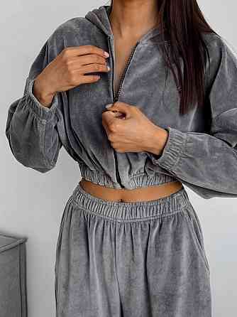 Женский стильный прогулочный костюм тройка турецкий велюр спорт Графит, 42/44 Одесса