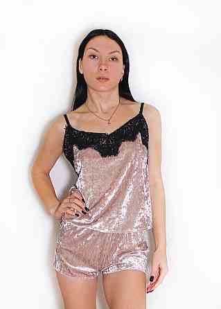Жіноча піжама майка і шорти з мереживом із мармурового велюру Бежевий S Харків