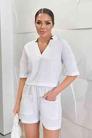 Лляний костюм з шортами "Jade" оптом | Батал | Розпродаж моделі Білий, 50-52 Київ