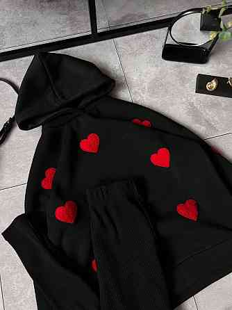 Женский теплый прогулочный костюм двойка с сердечками трехнить на флисе + ангора рубчик Черный, 46/48 Одесса
