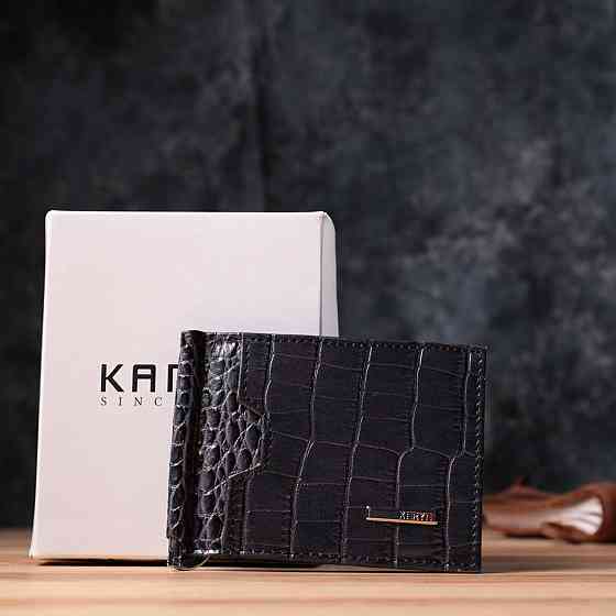 Практичный мужской кошелек-зажим из натуральной кожи Серый (KARYA) Киев