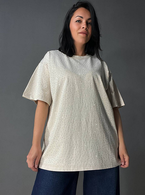 Футболка жіноча YUJIE YISHANG 8532 варена тай дай з камінцями оверсайз бежева, бежевий, one size Одеса - фото 4