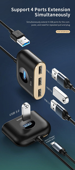 HUB адаптер Baseus Square Round 4in1 USB 3.0 to 1USB 3.0+3 USB 2.0+1micro USB CAHUB-AY01 (Черный) Николаев - изображение 5