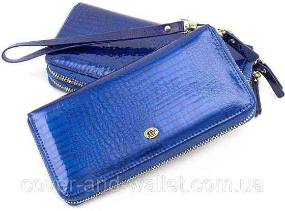 Лаковый женский кожаный кошелек на молнии синего цвета ST Leather S4001A Киев