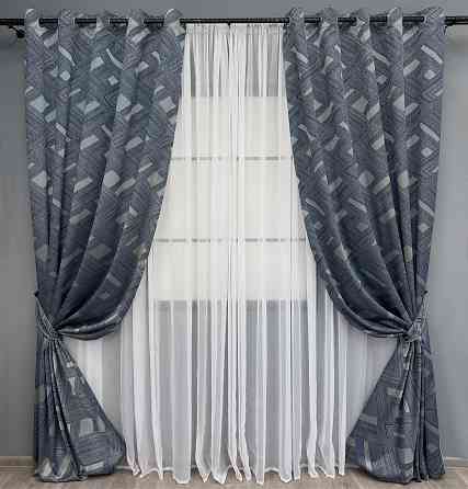 Комплект штор на люверсах VR-Textil Жаккард Mystery № 1628ш Синий с серым 150х270 см 2 шт (37-0206) Киев