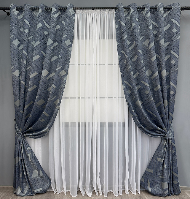 Комплект штор на люверсах VR-Textil Жаккард Mystery № 1628ш Синий с серым 150х270 см 2 шт (37-0206) Киев - изображение 2