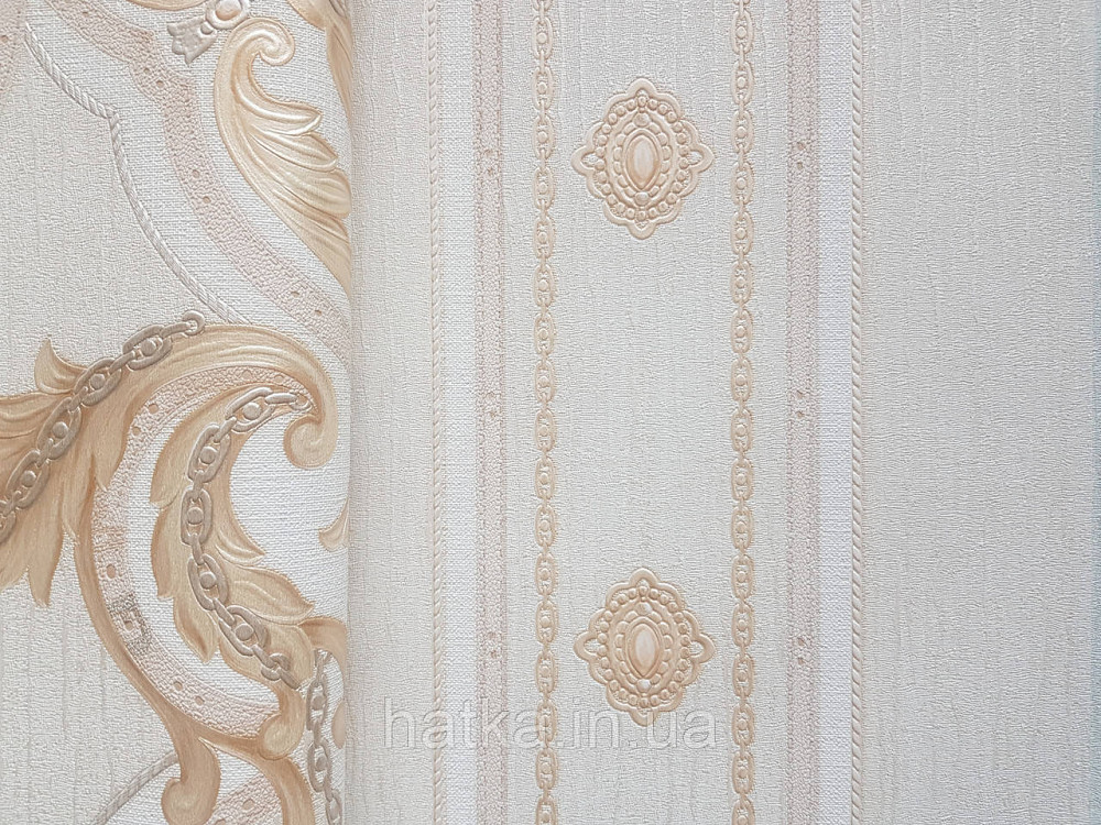 Шпалери вінілові на флізеліні AdaWall Seyyah 1.06х10 смуги широкі завитки розетки структурні бежеві золото Київ - фото 3