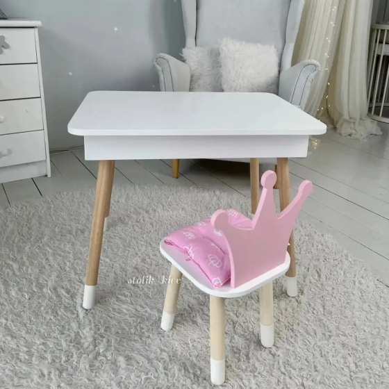 Детский столик с ящиком для карандашей + стульчик Корона (Белый с розовым) Винница