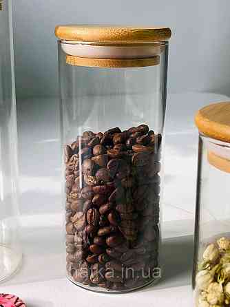 Банка місткість для зберігання скляна з бамбуковою кришкою d 6,5 см h18 см Київ