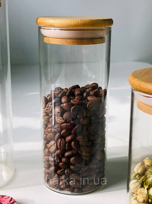 Банка місткість для зберігання скляна з бамбуковою кришкою d 6,5 см h18 см Київ - фото 1