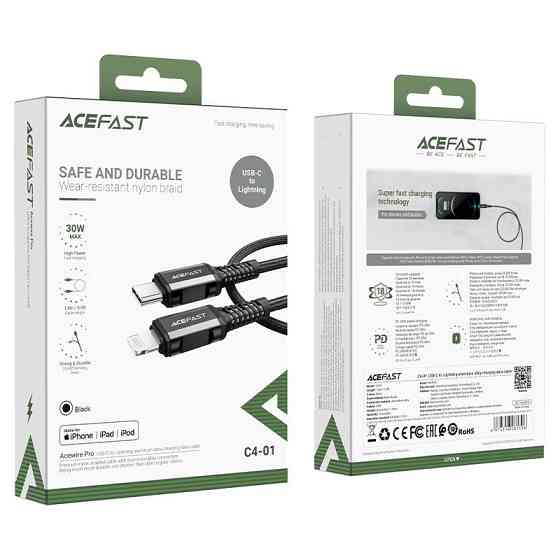 Кабель ACEFAST C4-01 Type-C to iP 3A, 30W, 1.8m, nylon, zinc connectors, Black Киев