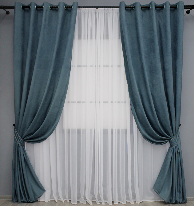 Комплект штор на люверсах VR-Textil Микровелюр Petek № 1489ш 150х270 см 2 шт Серо-голубой (37-0216) Киев - изображение 2