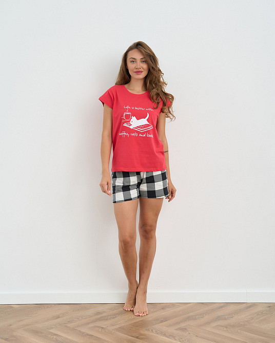 Женская пижама комплект с шортиками в клетку - Кофе, котики и книги Nicoletta 60244 XL, Красный, Розовый, Киев - изображение 3