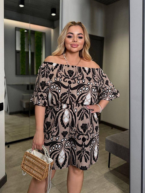 Летний костюм штапель принт, кофта с открытыми плечами и шорты, мокко, размер 46/48 Лубны - изображение 3