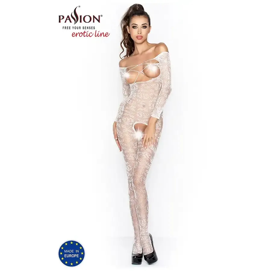 Бодістокінг Passion BS031 white, комбінезон з відкритими грудьми Львів - фото 2