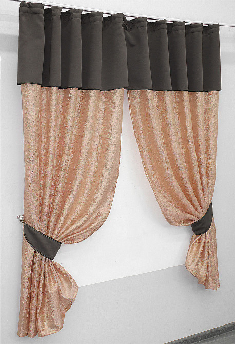 Кухонные шторы VR-Textil № 073к с ламбрекеном и подхватами персиковый с какао 260х170 см (52-0102) Киев - изображение 2