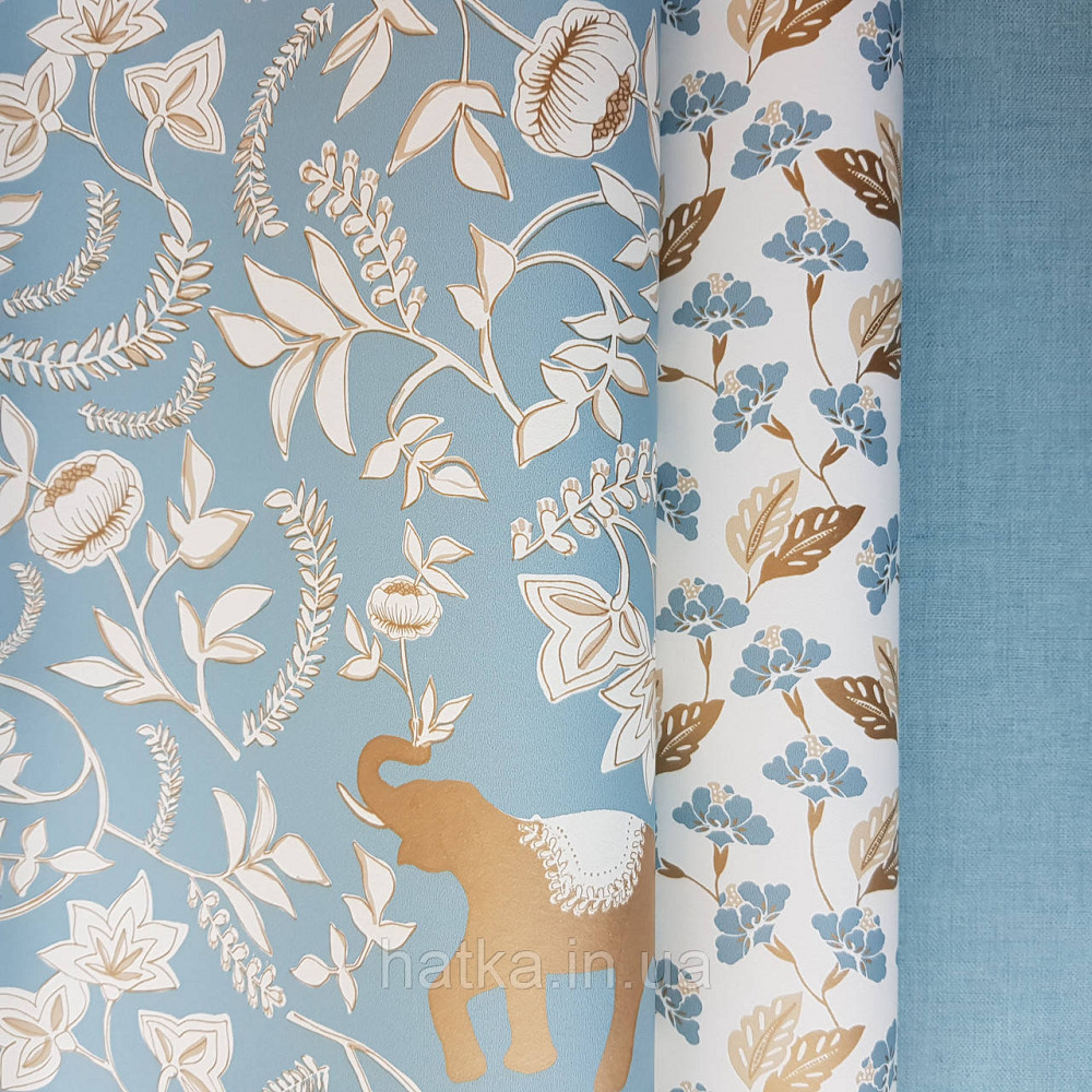 Шпалери вінілові на флізелін Caselio Mystery 0.53х10 м яскраві квіти білі золотисті слони золотисті на Київ - фото 1