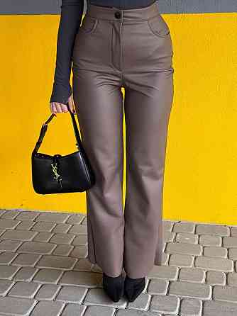 Женские стильные повседневные брюки с эко кожи на флисе. Шоколад, 42/44 Одесса