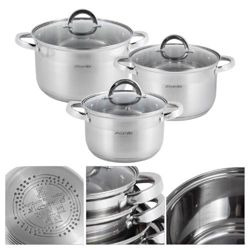 Набір каструль 6 предметів (каструлі 4,5/6,3/7,8л)  нержавіюча сталь 5630S KAMILLE Житомир - фото 4