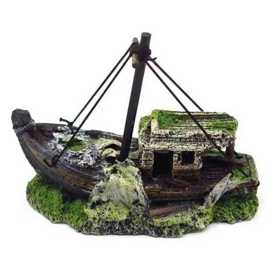 Декор для акваріума "Затонувший кораблик" - розмір 12,5*10*6 см, смола, акваріумний декор Київ