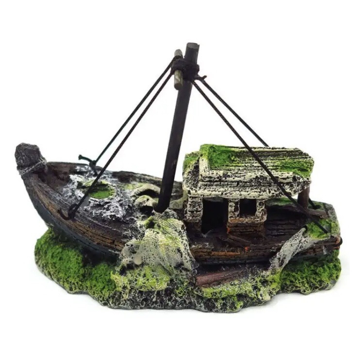 Декор для акваріума "Затонувший кораблик" - розмір 12,5*10*6 см, смола, акваріумний декор Київ - фото 2