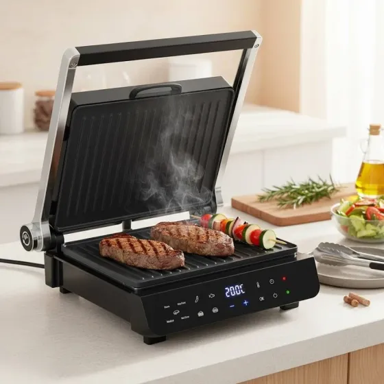 Електричний гриль SK-08079 з антипригарним покриттям, термостат, відкриття кришки 90°/180°, зручний Одеса