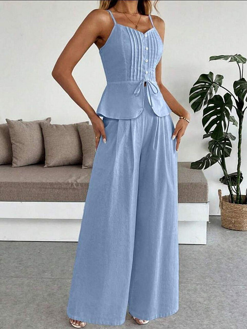 Женский летний брючный костюм двойка: топ и брюки лён Голубой, 50/52 Одесса - изображение 5