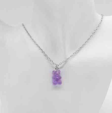 Детский кулон желейный мишка, сиреневый -длина 48см, смола, цинковый сплав Киев