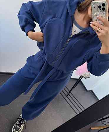 Женский теплый прогулочный костюм двойка: худи и брюки двусторонний полар флис Темно-синий, 44/48 Одесса