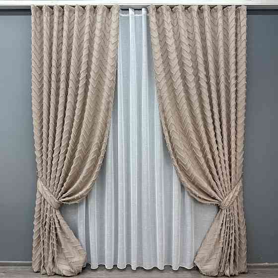 Комплект штор VR-Textil Льон Букле 150х270 2шт і Тюль 400х270 1813ш-115т Пудровий з білим 71-039/3 Київ