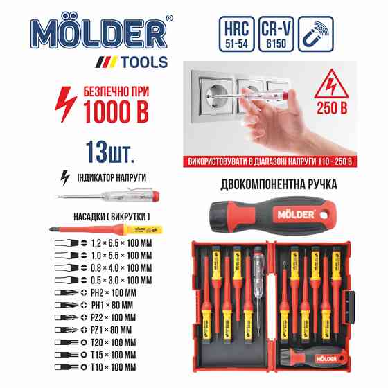 Набір викруток Molder ізольовані з індикатором напруги VDE 1000В 13шт Львів