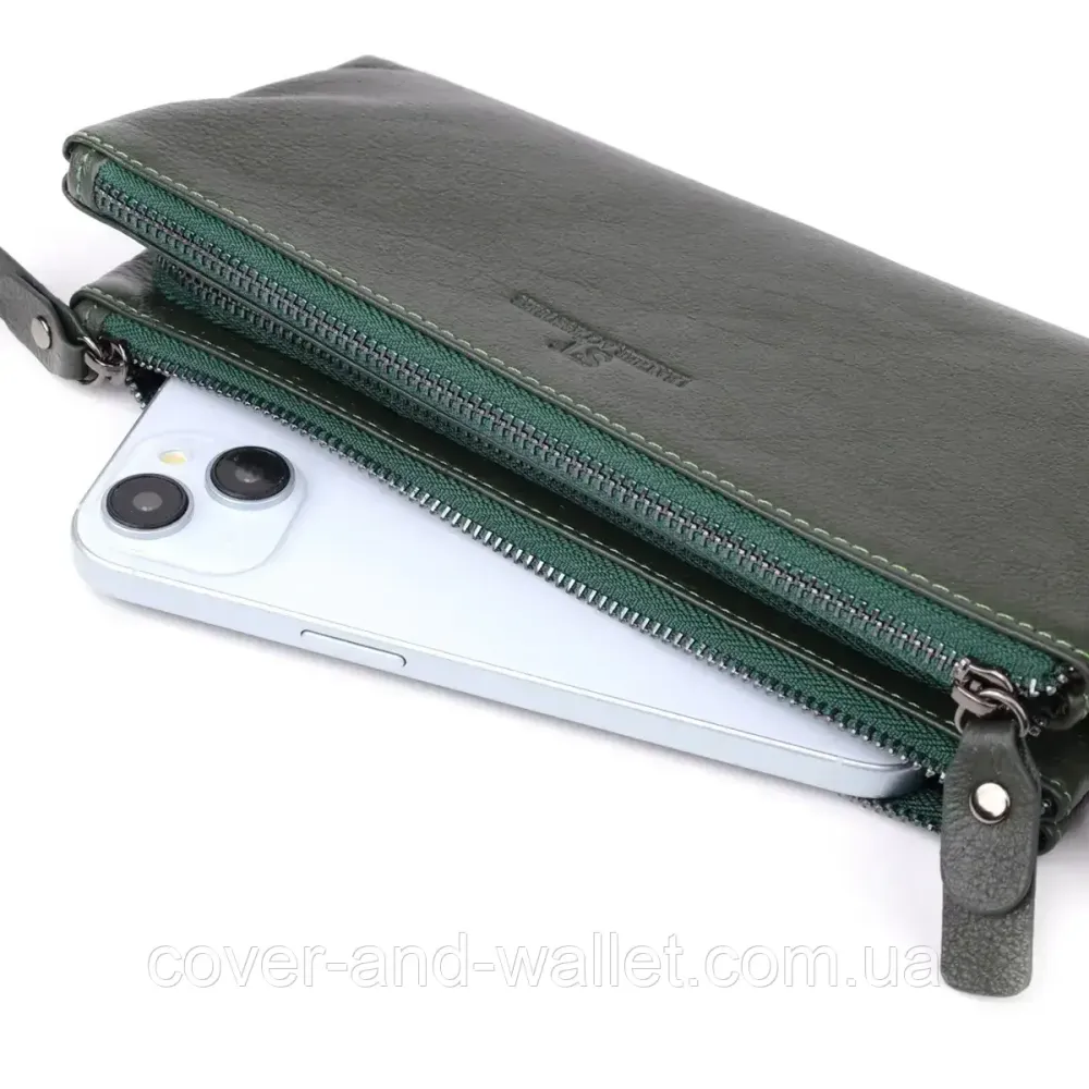 Жіночий шкіряний гаманець-клатч на три відділення зеленого кольору ST 022-1 Київ - фото 3