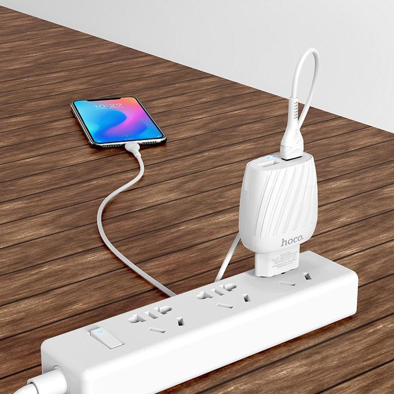 Мережевий зарядний пристрій Hoco C78A Max Energy 220V (10.5W, 5V/2.4A) на 2 USB-порти з кабелем USB - Type-C для Android / iPhone Одеса - фото 4