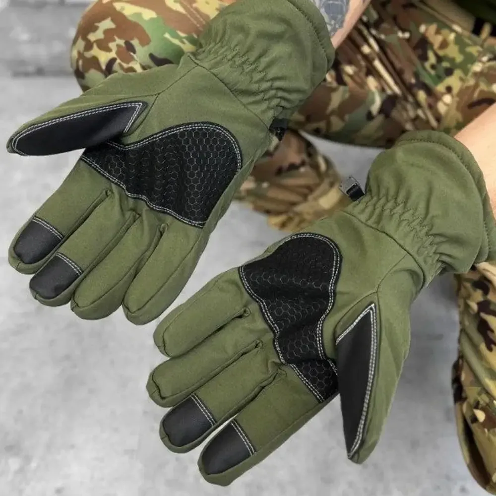 Чоловічі зимові сенсорні водовідштовхувальні рукавички для ЗСУ з карабіном олива софт йшов Одеса - фото 1