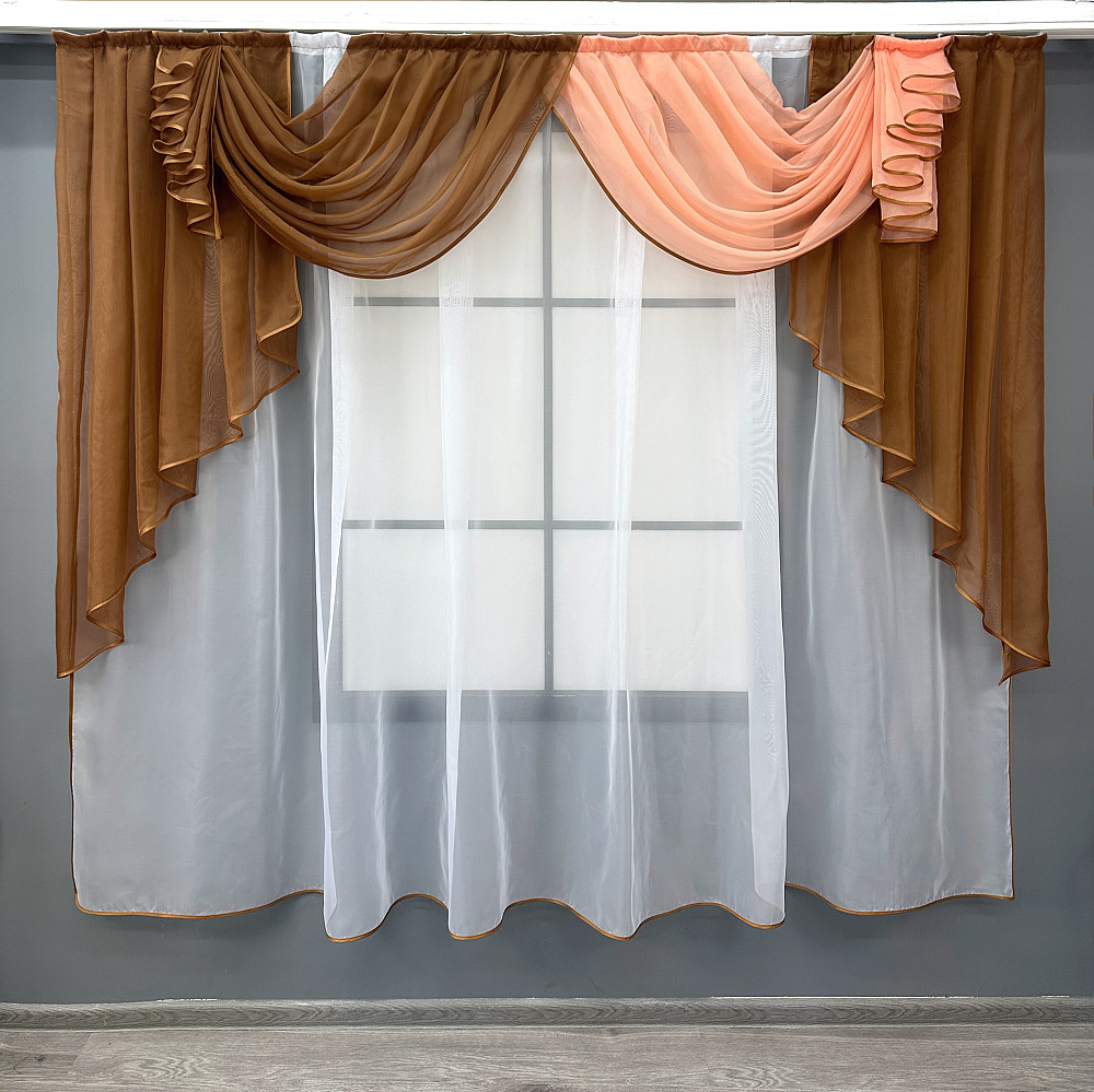 Кухонный ламбрекен VR-Textil № 093к из тюля коричневый с персиковым и белым 200х170 см (52-1214) Киев - изображение 1