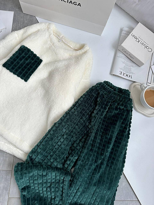 Женская теплая домашняя пижама махра+ махра фактурная смарагдовий, 42/44 Одесса - изображение 1