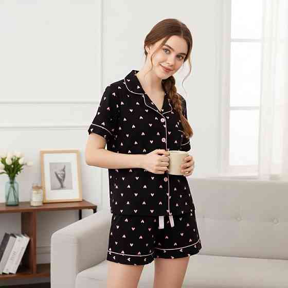 Женская трикотажная пижама двойка с сердечками Черный, 48 Одесса