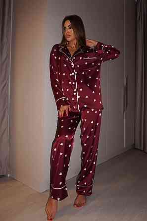 Женская пижама двойка с сердечками из шелка армани Бордовый, 40/42 Одесса