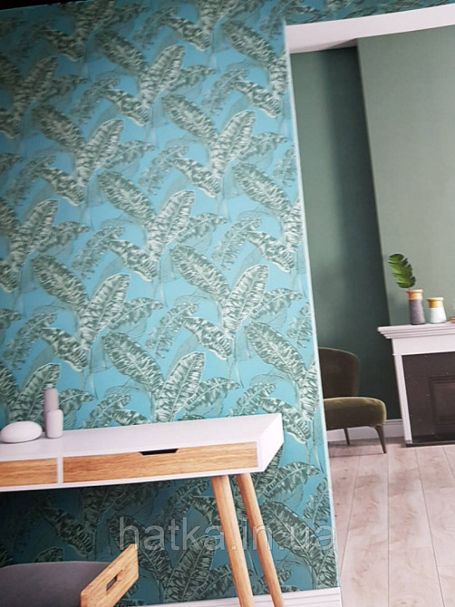 Обои виниловые на флизелине Marburg 82120 Felicita листья папоротника черные светло зеленые на бирюзовом фоне Киев - изображение 2