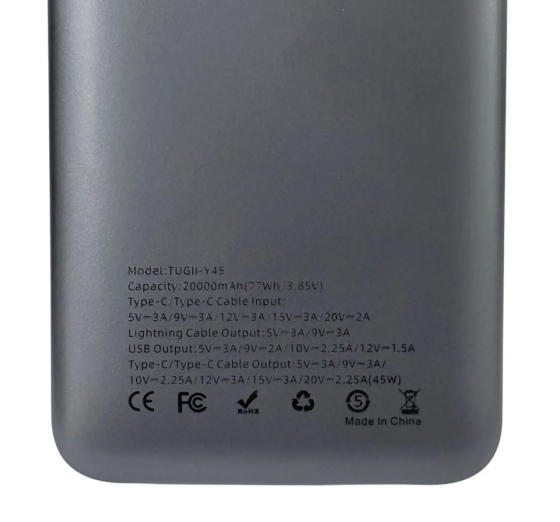Power Bank TUGII Y45 20000 мАг, 77Вт·год, PD 45Вт, QC 22.5Вт, для ноутбука/MacBook Одеса