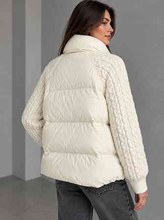 Куртка жіноча YZY 30790 пуховик oversize з в’язаними рукавами демісезонна one size, молочний, one size Київ