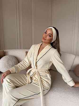 Жіноча затишна піжама: халат-кімоно, штани + пов'язка на голову велюр Молочний, 46/48 Одеса