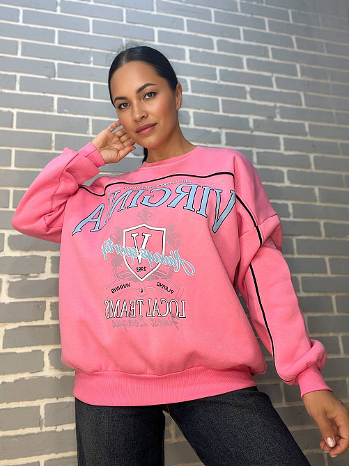 Свитшот женский OLIVIA 2468 надпись впереди VIRGINIA утепленный на флисе модель оверсайз one size, розовый, one size Киев - изображение 1