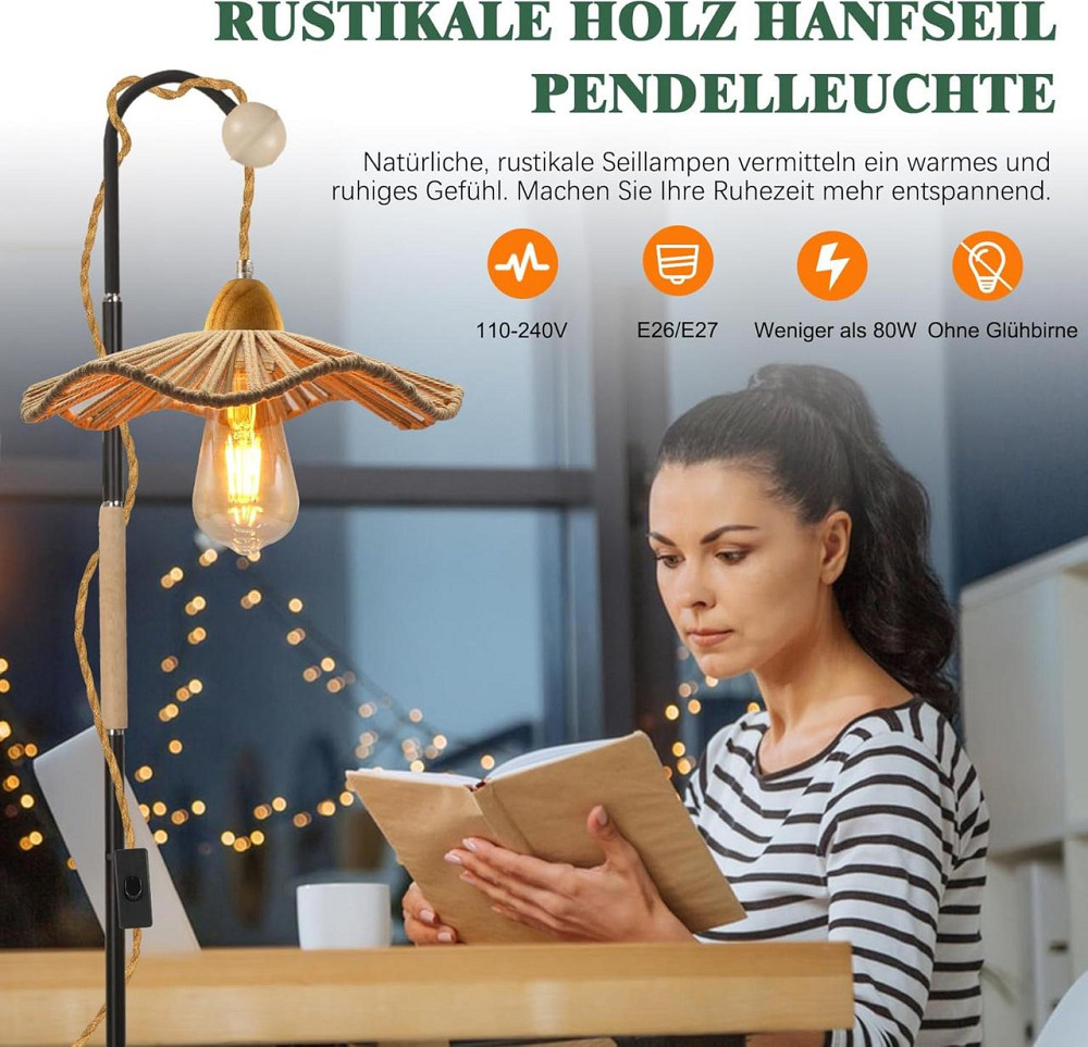 Подвесной светильник из конопляного каната E27 с выключателем и вилкой кабель 510 см для деревенского стиля Киев - изображение 7