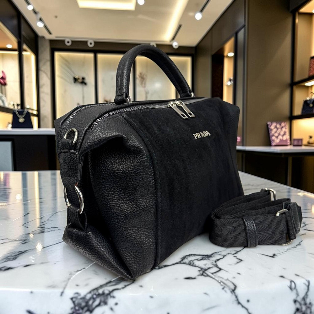 Жіноча замшева сумка стиль Прада, сумочка класична натуральна замша Prada чорна ( 186 ) Харьков - изображение 7
