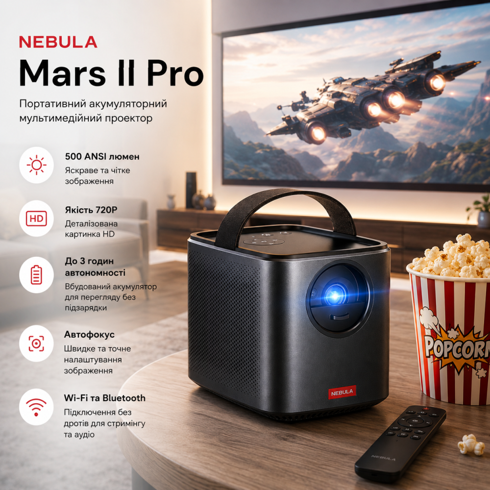 Портативний акумуляторний проектор Anker Nebula Mars II Pro 500 ANSI люмен 720p HD Smart-проектор Android мультимедійний кінотеатр Київ - фото 9