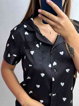 Женская пижама сатиновая Черный в сердечко XS-S Харьков