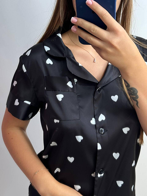 Женская пижама сатиновая Черный в сердечко XS-S Харьков - изображение 4
