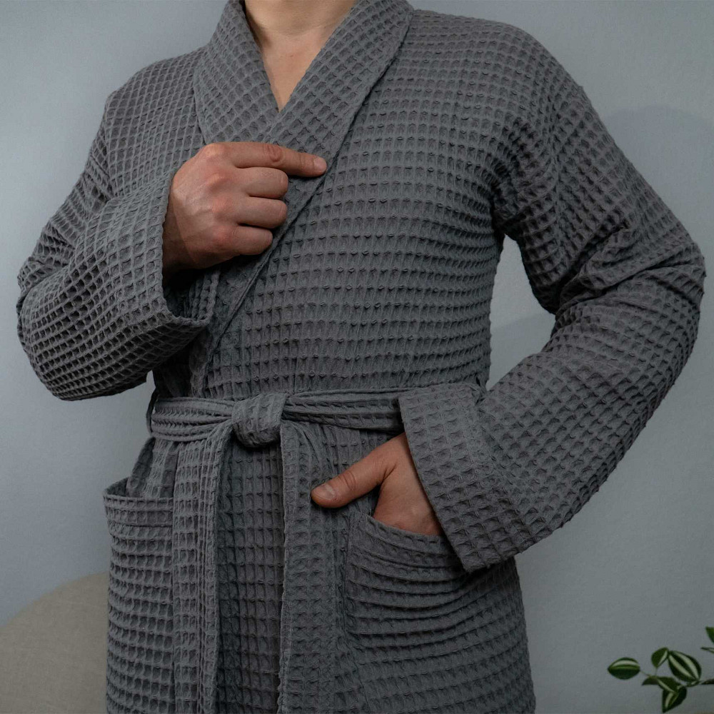 Вафельний халат чоловічий з коміром, довгим рукавом YouStar 100% бавовна 380 г/м2 (Сірий) M Суми - фото 4