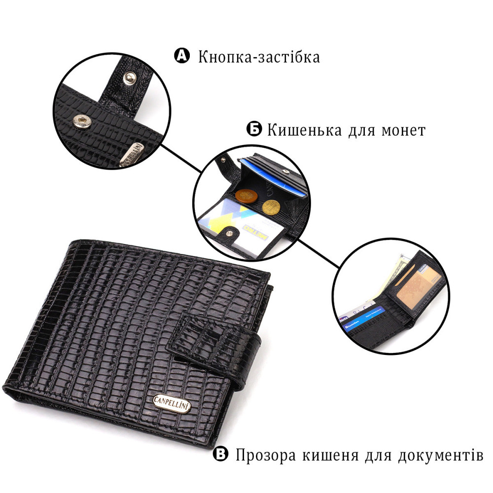 Невеликий фактурний чоловічий гаманець із натуральної шкіри з тисненням CANPELLINI 21748 Чорний Київ - фото 4